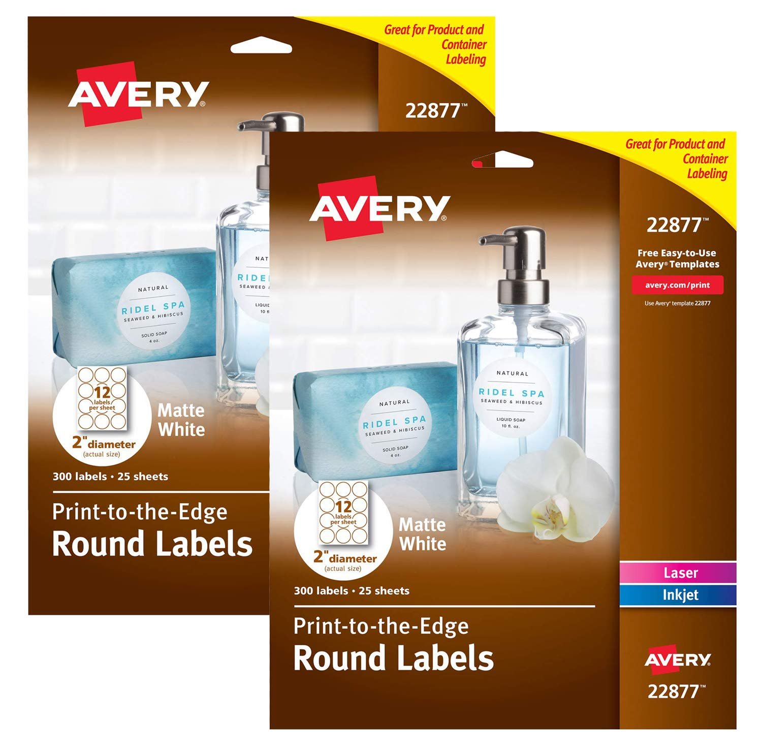 Avery 2 Inch Round Labels for Laser & Inkjet Printers, 300 Labels (22877) (2 Pack, 600 Labels Total)