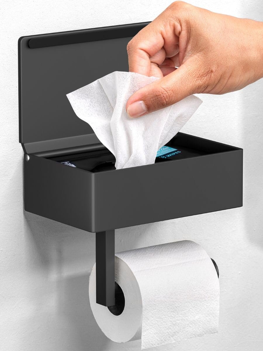 Day Moon™ - Toilet Paper Holder with Shelf - Modern Roll Holder for Bathroom - 1 Pack - Wall Mount - with Storage, Black