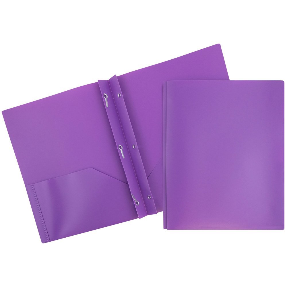 JAM PAPER Plastic Color POP Folders - 2 Pocket Durable Folders with Metal Prongs Fastener Clasps - Purple - Bulk 96/Pack